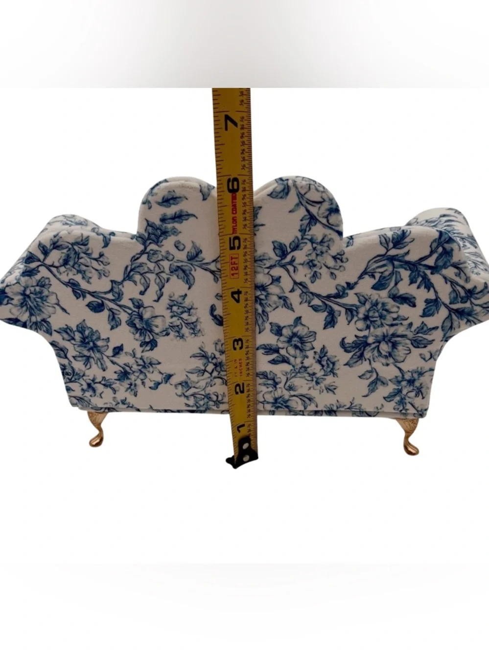 Blue White Floral Toile Sofa Jewelry Box Heart Back Miniature